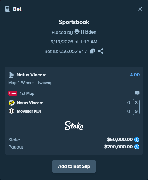 Bet slip: Natus Vincere - Movistar KOI, $50,000.00 stake at 4.00 odds, placed by Hidden