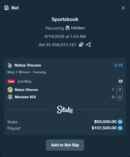 Bet slip: Natus Vincere - Movistar KOI, $50,000.00 stake at 2.15 odds, placed by Hidden