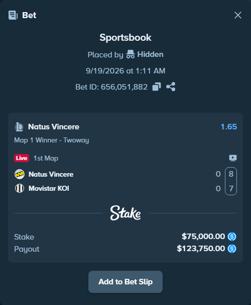Bet slip: Natus Vincere - Movistar KOI, $75,000.00 stake at 1.65 odds, placed by Hidden