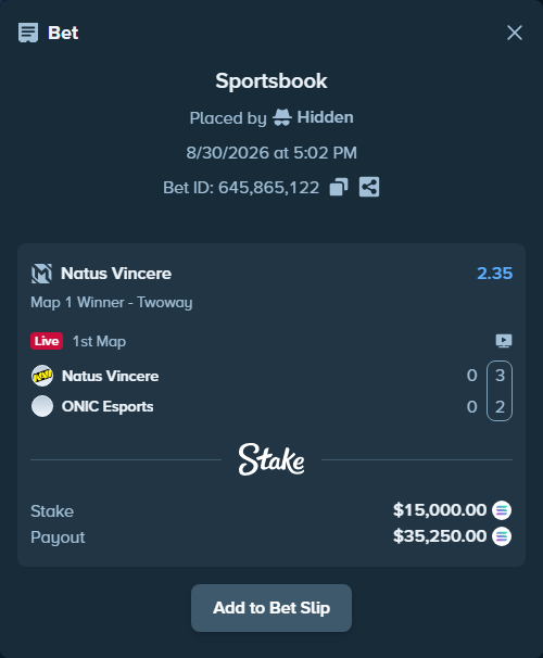 Bet slip: Natus Vincere - ONIC Esports, $14,970.08 stake at 2.35 odds, placed by Hidden