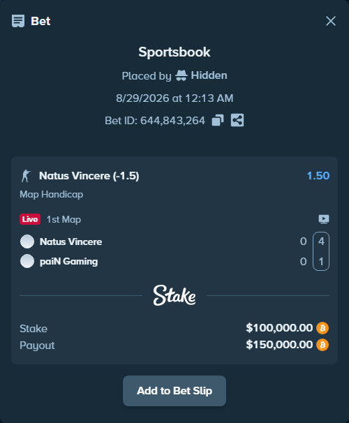 Bet slip: Natus Vincere - paiN Gaming, $98,990.57 stake at 1.50 odds, placed by Hidden