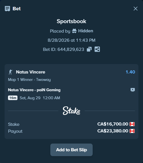 Bet slip: Natus Vincere - paiN Gaming, $12,358.00 stake at 1.40 odds, placed by Hidden