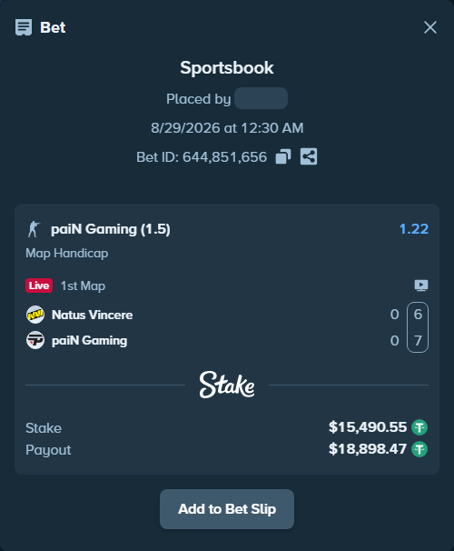 Bet slip: Natus Vincere - paiN Gaming, $15,489.00 stake at 1.22 odds, placed by antoniku