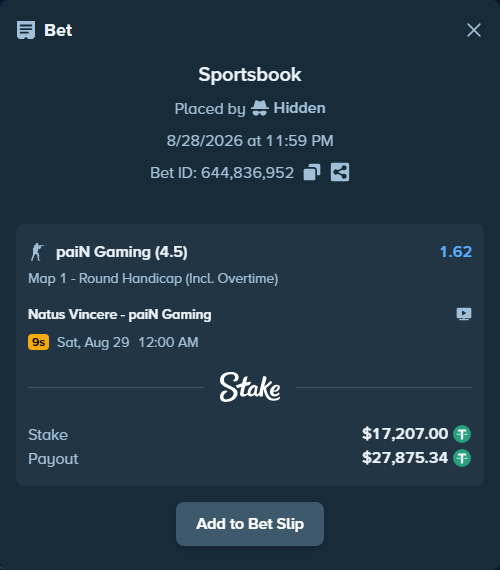 Bet slip: Natus Vincere - paiN Gaming, $17,207.00 stake at 1.62 odds, placed by Hidden