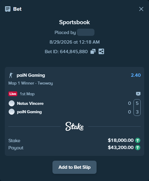 Bet slip: Natus Vincere - paiN Gaming, $18,000.00 stake at 2.40 odds, placed by saszakoncza