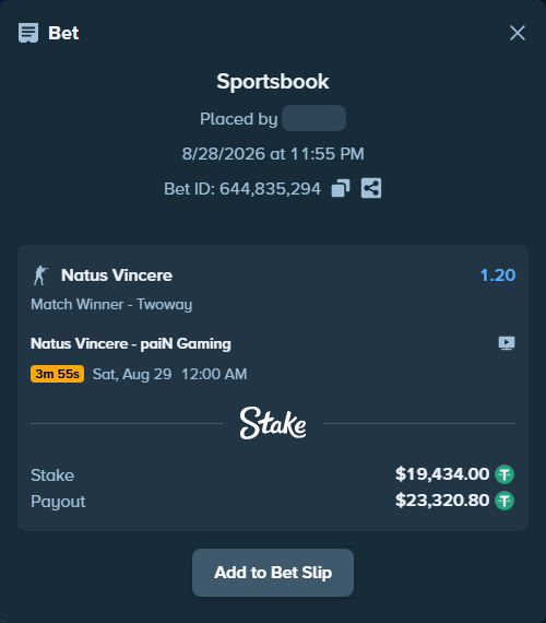Bet slip: Natus Vincere - paiN Gaming, $19,434.00 stake at 1.20 odds, placed by antoniku