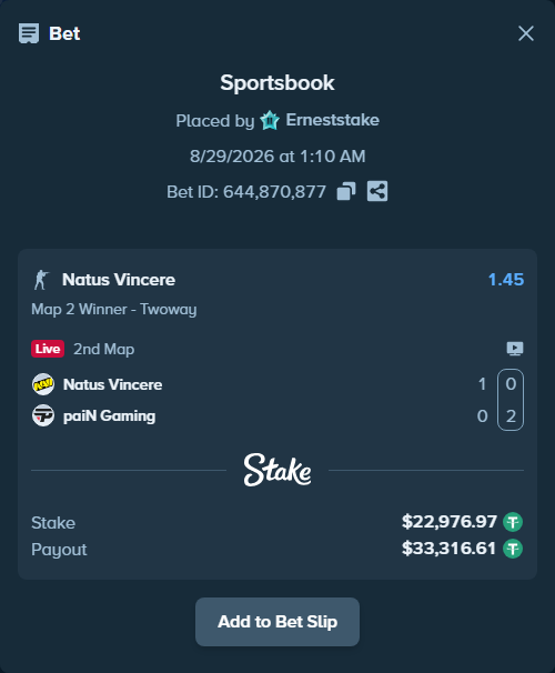 Bet slip: Natus Vincere - paiN Gaming, $22,974.67 stake at 1.45 odds, placed by Erneststake