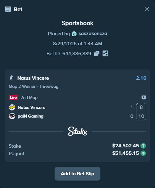 Bet slip: Natus Vincere - paiN Gaming, $24,500.00 stake at 2.10 odds, placed by saszakoncza