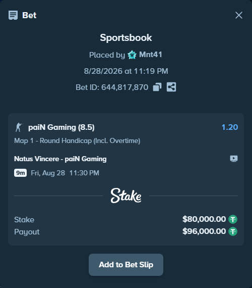 Bet slip: Natus Vincere - paiN Gaming, $80,000.00 stake at 1.20 odds, placed by Mnt41