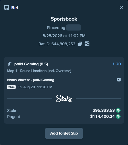 Bet slip: Natus Vincere - paiN Gaming, $95,333.53 stake at 1.20 odds, placed by Mnt41