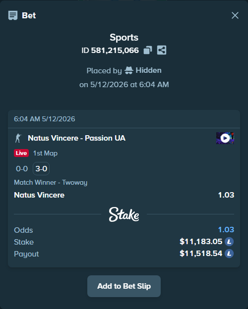 Bet slip: Natus Vincere - Passion UA, $8,447.40 stake at 1.03 odds, placed by Hidden