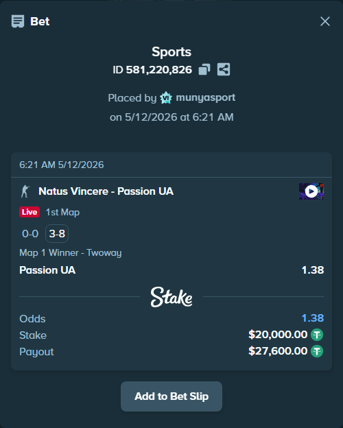 Bet slip: Natus Vincere - Passion UA, $20,000.00 stake at 1.38 odds, placed by munyasport