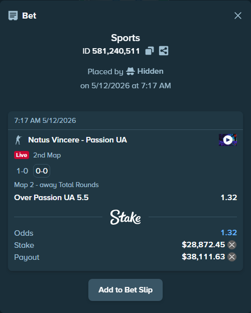 Bet slip: Natus Vincere - Passion UA, $22,601.50 stake at 1.32 odds, placed by Hidden