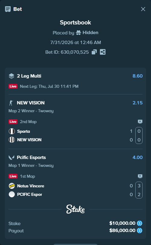Bet slip: Natus Vincere - Pcific Esports, $10,000.00 stake at 4.00 odds, placed by Hidden