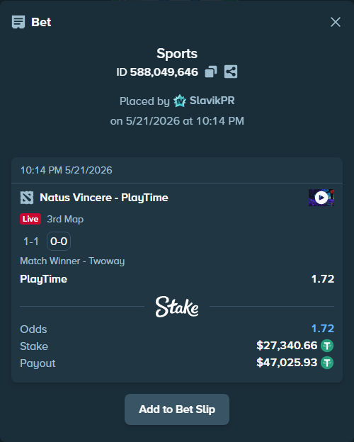 Bet slip: Natus Vincere - PlayTime, $27,368.00 stake at 1.72 odds, placed by SlavikPR