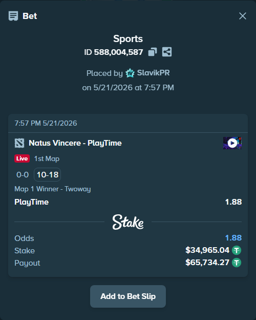 Bet slip: Natus Vincere - PlayTime, $35,000.00 stake at 1.88 odds, placed by SlavikPR
