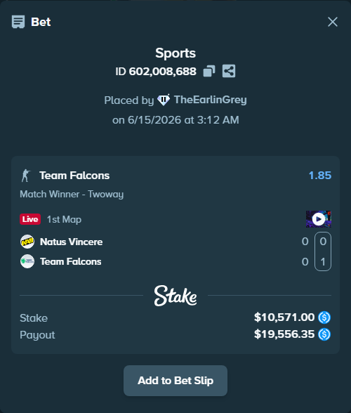 Bet slip: Natus Vincere - Team Falcons, $10,571.00 stake at 1.85 odds, placed by TheEarlinGrey
