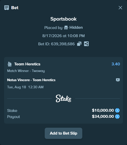 Bet slip: Natus Vincere - Team Heretics, $10,000.00 stake at 3.40 odds, placed by Hidden