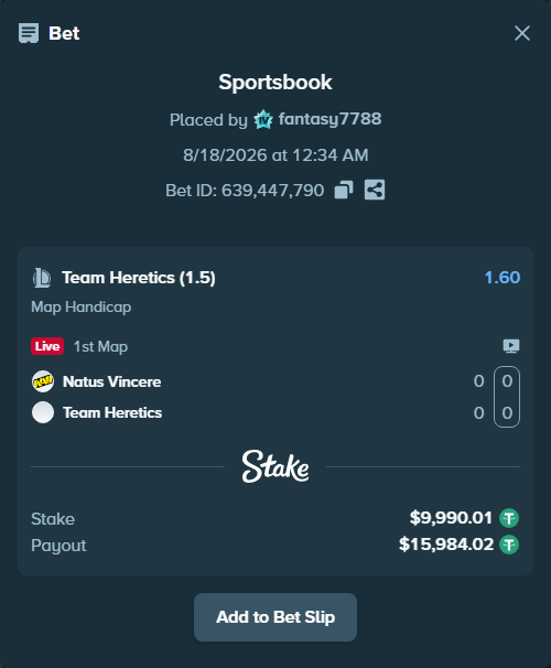 Bet slip: Natus Vincere - Team Heretics, $10,000.00 stake at 1.60 odds, placed by fantasy7788