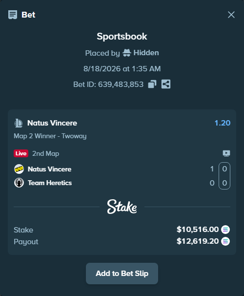 Bet slip: Natus Vincere - Team Heretics, $10,477.89 stake at 1.20 odds, placed by Hidden