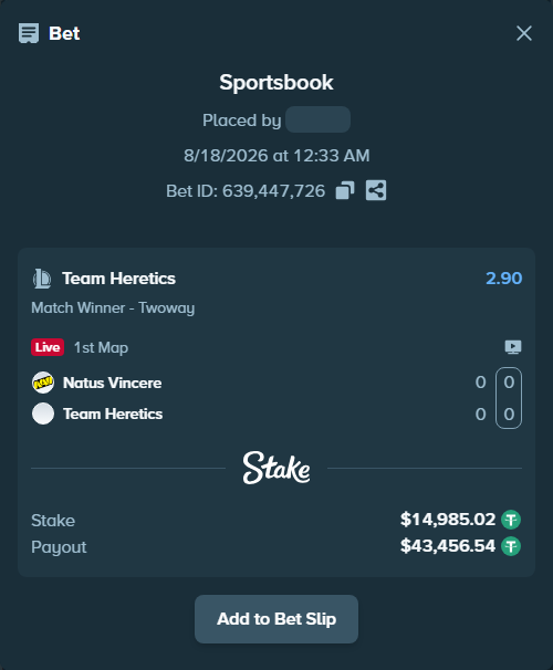 Bet slip: Natus Vincere - Team Heretics, $15,000.00 stake at 2.90 odds, placed by fantasy7788