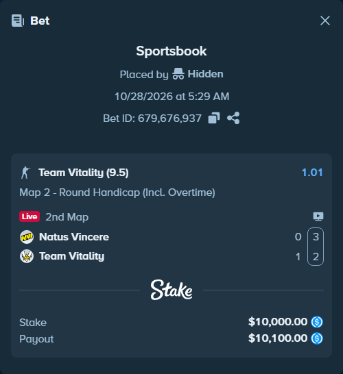 Bet slip: Natus Vincere - Team Vitality, $10,000.00 stake at 1.01 odds, placed by Hidden