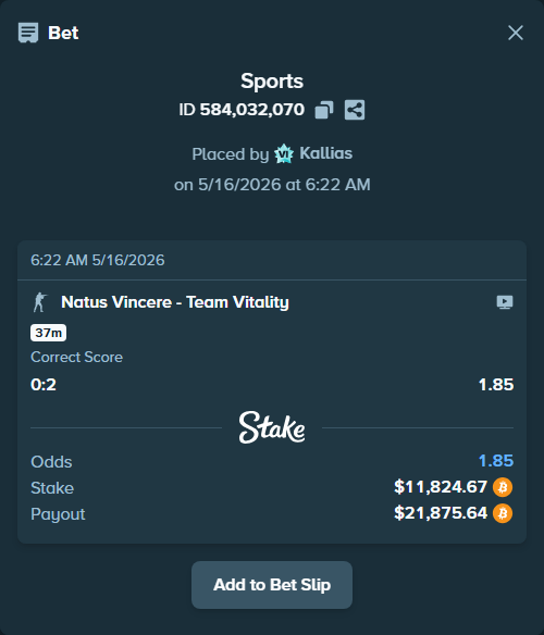 Bet slip: Natus Vincere - Team Vitality, $9,614.11 stake at 1.85 odds, placed by Kallias