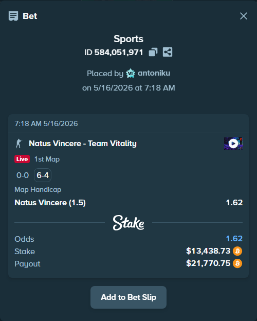Bet slip: Natus Vincere - Team Vitality, $10,911.79 stake at 1.62 odds, placed by antoniku