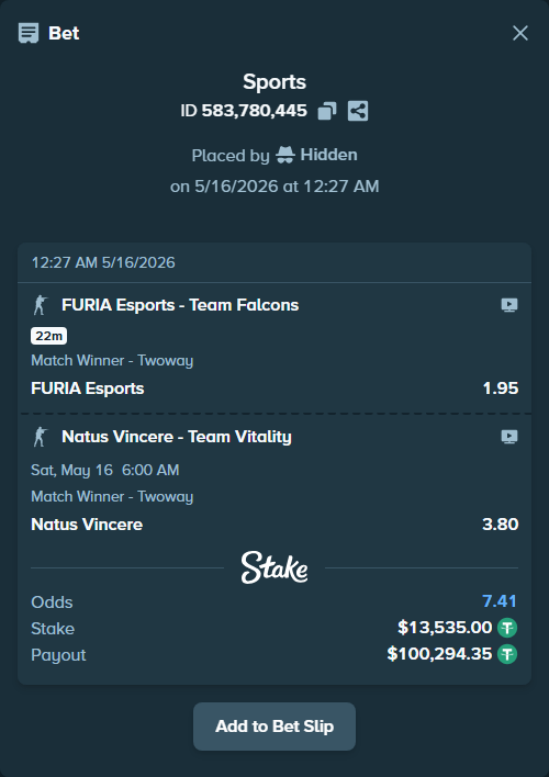 Bet slip: Natus Vincere - Team Vitality, $13,548.53 stake at 3.80 odds, placed by Hidden