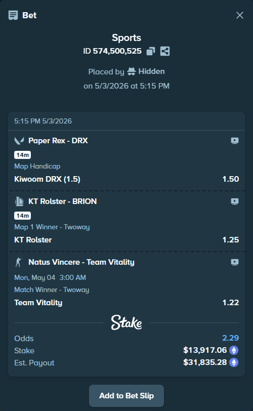 Bet slip: Natus Vincere - Team Vitality, $10,447.03 stake at 1.22 odds, placed by Hidden