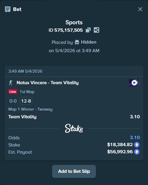 Bet slip: Natus Vincere - Team Vitality, $13,701.88 stake at 3.10 odds, placed by Hidden