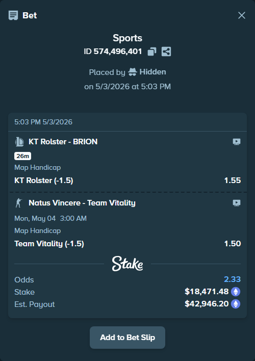 Bet slip: Natus Vincere - Team Vitality, $13,888.32 stake at 1.50 odds, placed by Hidden