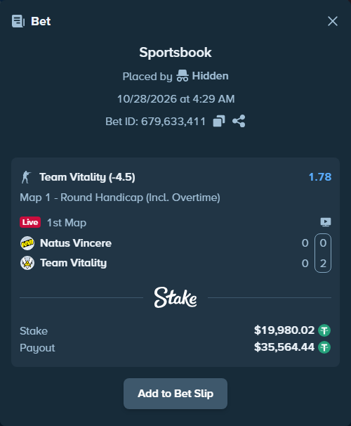 Bet slip: Natus Vincere - Team Vitality, $20,000.00 stake at 1.78 odds, placed by jxd1314