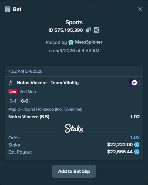 Bet slip: Natus Vincere - Team Vitality, $22,222.00 stake at 1.02 odds, placed by MetaSpinner
