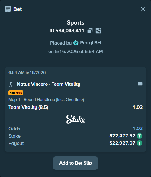 Bet slip: Natus Vincere - Team Vitality, $22,500.00 stake at 1.02 odds, placed by PerryLBH