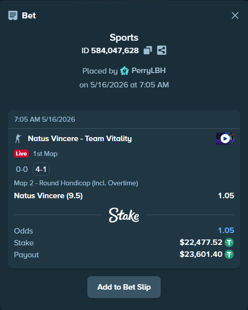 Bet slip: Natus Vincere - Team Vitality, $22,500.00 stake at 1.05 odds, placed by PerryLBH