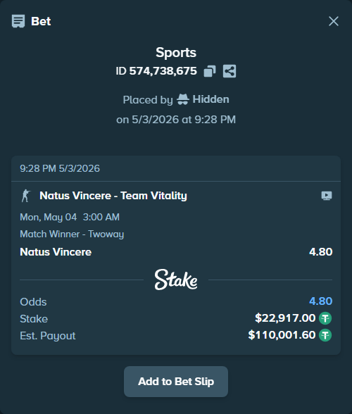 Bet slip: Natus Vincere - Team Vitality, $22,917.00 stake at 4.80 odds, placed by Hidden