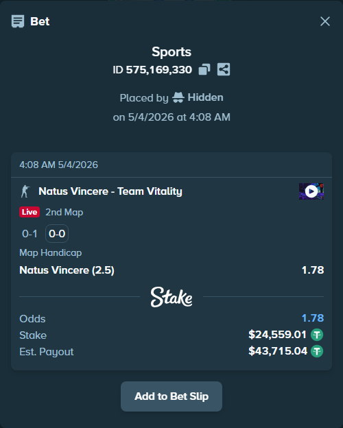 Bet slip: Natus Vincere - Team Vitality, $24,559.01 stake at 1.78 odds, placed by Hidden