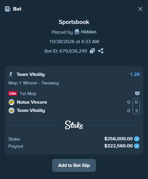 Bet slip: Natus Vincere - Team Vitality, $256,000.00 stake at 1.26 odds, placed by Hidden