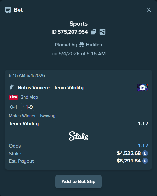 Bet slip: Natus Vincere - Team Vitality, $3,632.73 stake at 1.17 odds, placed by Hidden