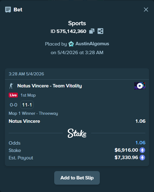 Bet slip: Natus Vincere - Team Vitality, $5,144.77 stake at 1.06 odds, placed by AustinAlgamus