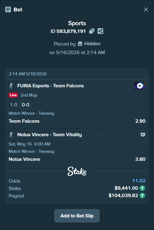 Bet slip: Natus Vincere - Team Vitality, $9,450.44 stake at 3.80 odds, placed by Hidden