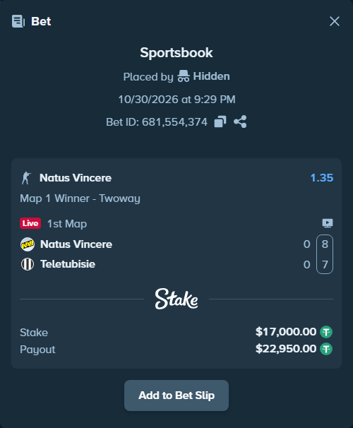 Bet slip: Natus Vincere - Teletubisie, $17,017.00 stake at 1.35 odds, placed by Hidden