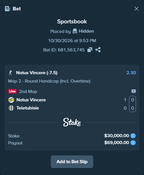 Bet slip: Natus Vincere - Teletubisie, $30,000.00 stake at 2.30 odds, placed by Hidden