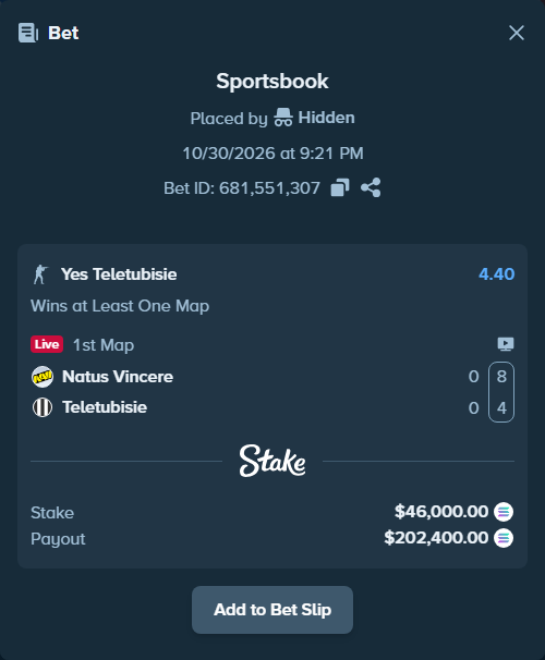 Bet slip: Natus Vincere - Teletubisie, $46,043.10 stake at 4.40 odds, placed by Hidden
