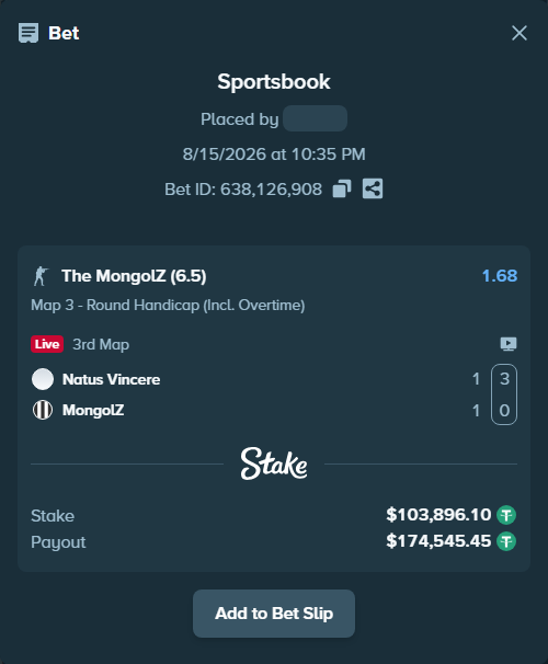 Bet slip: Natus Vincere - The MongolZ, $104,000.00 stake at 1.68 odds, placed by GoldenKot