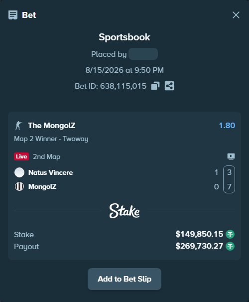 Bet slip: Natus Vincere - The MongolZ, $150,000.00 stake at 1.80 odds, placed by GoldenKot