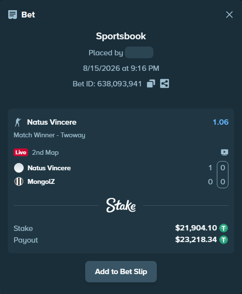 Bet slip: Natus Vincere - The MongolZ, $21,926.00 stake at 1.06 odds, placed by antoniku
