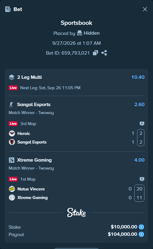 Bet slip: Natus Vincere - Xtreme Gaming, $10,000.00 stake at 4.00 odds, placed by Hidden