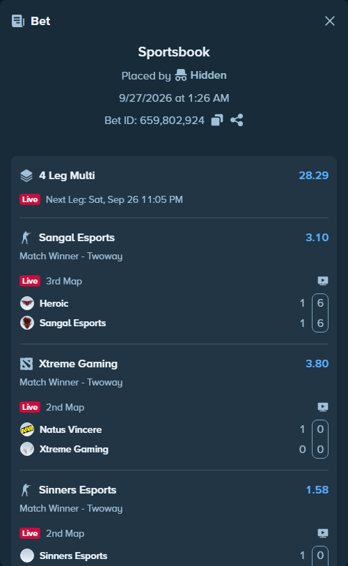 Bet slip: Natus Vincere - Xtreme Gaming, $10,000.00 stake at 3.80 odds, placed by Hidden